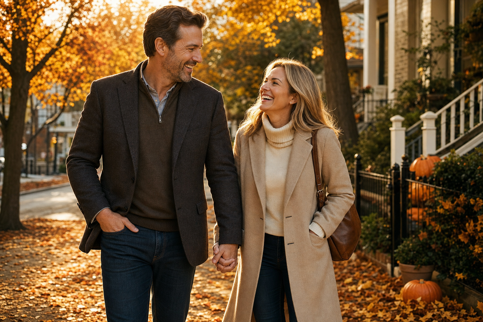 A happy mature couple walking hand in hand on a neighborhood street in autumn